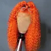 Mogoliskt hår blå röd kinky lockig spets front peruk 180 densitet hd spets frontal peruk färgad transparent orange /grå syntetisk spets front peruker förinställda