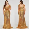 2023 Sparkly Gold Sequined Plus Size Evening Prom Dress Square Neck Mermaid dragkedja bakgolv Längd Ruched Ny tävlingsklänning 256b