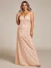 Sukienki imprezowe wieczorne maxi długie tiulowe cekin V SCEK SPAGHETTI Strapy 2024 Baziigaaa of Sexy Rose Gold Druhna Sukienka