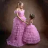 Pink moelleux mère moi habille les filles robes de volants à plusieurs niveaux pour la séance photo maman et fille tulle robe de soirée