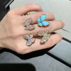 Vaned Ring Charm Design Butterfly White Fritillaria Double Full Diamond Blue Turquoise Live Broadcast with Original Logo Box