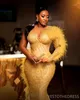 2024 Gold Luxurious Prom Dresses for Black Women Plus Size Long Mermaid Feathered Beaded Pearls Lace Long Sleeves Birthday Dress Second Reception Gala Gowns AM963
