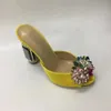 women Ladies 2024 real leather Rhinestone high heels sandals silk satin summer Flip-flops slipper slip-on dress shoes diamond Ballots 3D colourful flower yellow 004f