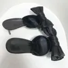 Bayanlar 2024 Kadınlar Gerçek Deri 8cm Stiletto Yüksek Topuklu Sandalet Sandalları İpek Saten Terlik Parçası Slip Slip-On Elbise Ayakkabı 3D Bow Tie Siyah 7167