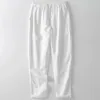 Beyaz Premium Pamuk Keten Gömlek Pantolon Kıyafetleri Erkekler Setleri 2 Parça Uzun Gösterişli Kollu Gömlek Yoga Plajı Düğün Takımları 240426