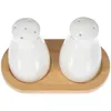 Kitchen Storage Pepper Shaker Set Ceramic Salt Bottle Toothpick Holder Seasoning Jars Wood Condiment Pot