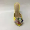 women 2024 Ladies real leather Rhinestone high heels sandals silk satin summer Flip-flops slipper slip-on dress shoes diamond Ballots 3D colourful flower yellow 16fb