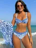 Women's Swimwear Peachtan 3 Piece Bikini Set Blue Push Up Korean Style Vintage Bathing Suit Ladies Women Beachwear Sets