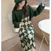 Work Dresses Women Autumn Winter Green Sweater Tank Dress Two Piece Set Korean Lady Palid Sleeveless Short Knit Tops Outfits 2024