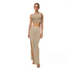Crochet Jupe Bikini Bottom Two-once Set Cropped Top Slit Bodycon Long Summer Robe Sexy Beach Cover Up Massuit Couvre-Up