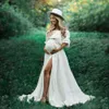 Boheemse foto -schietpartij zwangerschap ruches rand uit schouder korte mouw linnen katoenen boho -stijl baby shower jurk