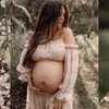 Photo Photo Shoot de vestido de maternidade plissado de chiffon de manga longa do ombro de quatro peças vestido fotográfico de estilo boho para mulheres