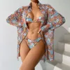 Sexie à manches longues de maillot de bain Fashion Femmes High Taist Thong Bikini Set 3pack Cover Kimono Style ethnique d'été Push Up Beach Wear