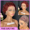 Pixie Curly Cut 13x1 짧은 가발 말레이시아 페루 인디언 인디언 브라질 어두운 빨간색 100% Raw Virgin Remy Human Hair P8