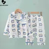 Pajamas Childrens Summer Thin Pajama Set New 2023 Boys and Girls Cotton Linen Cartoon Long sleeved Flip Collar Shirt Top Baby Pajamas d240516