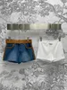 Модные джинсовые шорты 2 куски женщин 2024 Летний кожаный ремень высокий пояс скинни скинни короткие джинсы для женщины