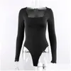 Les robes décontractées de base tombent ancêtres sexy bodycon body à manches longues manche carrée gaine entrejambe noire borde