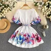 basic Casual Dres Summer Bohemian Fr Short Dr Women V-Neck Puff Sleeve Floral Print High Waist A-Line Belt Holiday Boho Mini Vestidos 2024 r7Nj#