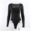 Basic Casual Dresses Drop Forefair Sexy Bodycon Bodysuit Long Sleeve Square Neck Sheath Crotch Black Overalls Women Body Streetwea Dhq1M