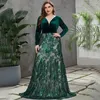 Party Dresses Green Charming A-Line Evening Scoop Neck Long Sleeve Velvet And Applique Tulle Floor Length Event Guest Open Back Gowns