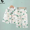 Pajamas Childrens Summer Thin Pajama Set New 2023 Boys and Girls Cotton Linen Cartoon Long sleeved Flip Collar Shirt Top Baby Pajamas d240516