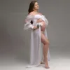 Zwangerschapsfotografie steunt sexy transparante witte chiffontulle uit schouderjurk voor fotoshoot zwangere vrouwen