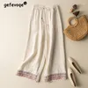 Women's Pants Women Clothing Vintage Embroidery Ethnic Style Cotton Linen Wide Leg 2024 Summer Female High Waist Loose Straight Trousers