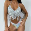 Kvinnors badkläder Summer Swimsuit Set Sparkling Tassel Bikini med höga midjor Briper Wrap kjol 3 -stycken Ensemble för sexig
