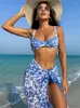 Women's Swimwear Peachtan 3 Piece Bikini Set Blue Push Up Korean Style Vintage Bathing Suit Ladies Women Beachwear Sets