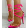 Femmes pointues brillantes ouverts PVC Patchwork Stiletto Gladiator Rose Rose Neon Yellow Sandales Cross High Talons Sandales A354