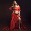 Boheemse foto -schietpartij zwangerschap ruches rand uit schouder korte mouw linnen katoenen boho -stijl baby shower jurk