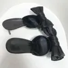 Dames 2024 Dames echt leer 8 cm Stiletto High Heel Sandalen Sandalen Silk Satijn Zomer Flip-Flops Slipper Slip-on jurk schoenen 3d Bow Tie Black 7294