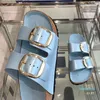 2024 Summer Beach Loafer Slipper Suede Cowhide Leather Buckle Slide Flip Flops