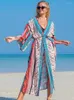 Baddräkt täcker tryckt kimono för havs boho coverup långa lyxiga strandutflykter bälte badkläder cape semester baddräkter försäljning