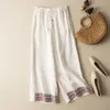 Women's Pants Women Clothing Vintage Embroidery Ethnic Style Cotton Linen Wide Leg 2024 Summer Female High Waist Loose Straight Trousers