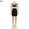 Arbetsklänningar HLJ Sexig lyx Rhinestones Bodycon kjolar Två stycken Set Women Deep V Halter Bandage Crop Top och kjol Party Nightclub