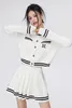 Robes de travail Automne Korean Fashion Élégante jupe plissée 2 pièces Set Slim Button Tricot Trigan High Waist Mini Tenues Preppy Women