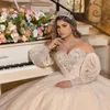 Champagne Off The Shoulder Puff Sleeve Quinceanera Dresses Ball Gown Beading Crystal Tull Corset Sweet 16 Vestidos Para XV Anos
