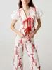 Elegante estampado de langosta suelto 2 piezas set de pantalón mujer manga casual en camisetas de encaje de cuello