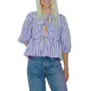 Blouses pour femmes Summer Babydoll Peplum Shirts Tops Ajustement rond Round Front Bow Semi-Up Malf manche Ruffle