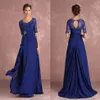 Navy Blue 1 2 Sleeve Mother of the Bride Robes 2022 V Col Vintage Lace Floor Longueur Forme Forme Fête 229 V