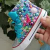 Handmade S Bling Girls Kids en Mother Candy Canvas Shoes Pearls Sneakers For Girl Birthday Party Wedding 240516