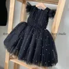 Flickaklänningar lyxiga pärlor blomma klänning a-line knälängd prinsessa Första gemenskapen med Bow Black Baby's Party Fuchsia