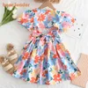 Bear Leader 2023 Été Nouveau bébé Robes à manches courtes florales colorées 3-7 ans Vêtements L2405