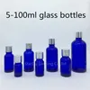 収納ボトル5ml 10ml 15ml 20ml 30ml 50ml 100mlブルーガラスボトルバイアルエッセンシャルオイルと銀ネジ帽子香水