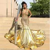 Luxe gouden prom -jurken voor zwarte meisjes Diamant Afrikaanse MermaD Aso Ebi Evening Jurk Halter Neck Plus Maat formele gelegenheid Brithday Dress Vestios de Noite 2024