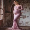 Dames off schouderkant kanten zeemeermin zwangerschap maxi jurk zomer v nek lange mouw slanke fit jurk voor fotografie baby shower