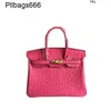 Ostrich Handbags Fashion Pattern Bag Cow Leather Portable Oneshoulder Diagonal Cross Womens Rose Pink Have Logo