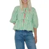 Blouses pour femmes Summer Babydoll Peplum Shirts Tops Ajustement rond Round Front Bow Semi-Up Malf manche Ruffle