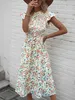 Robes décontractées de base Fashion Elegant Floral Print Robes For Summer Womens Robe Skinny O Neck Short Flying Slves Robe Split Robe Split Robe Y240515
